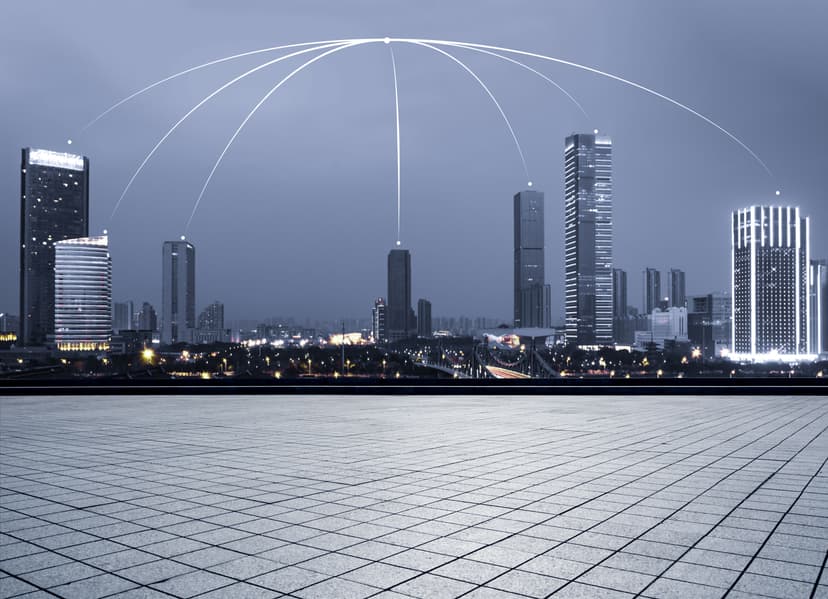Futuristic AI city with connected digital nodes